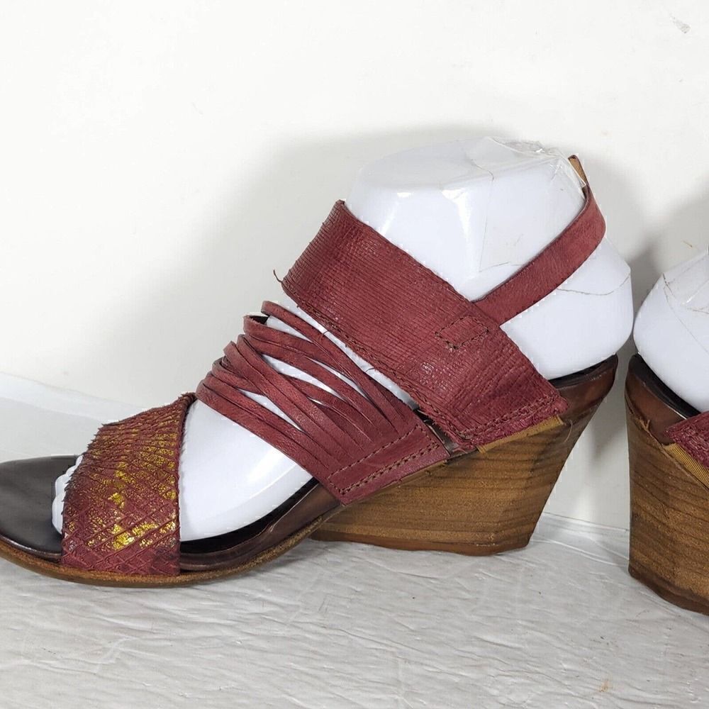 A.S.98 Women's EU37 US6,5 Burgundy Leather Wedge Heels Strappy Slingback Sandal - Picture 7 of 15